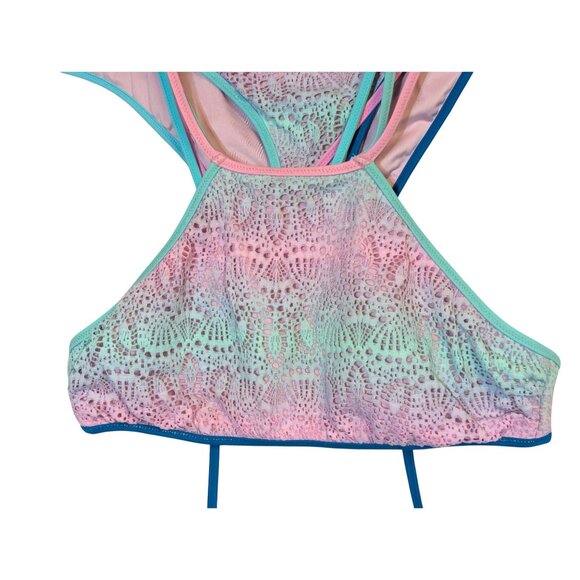 Victorias Secret High Neck Halter Bikini Set M Ombre Lace Pink & Blue With Strap - Picture 3 of 9